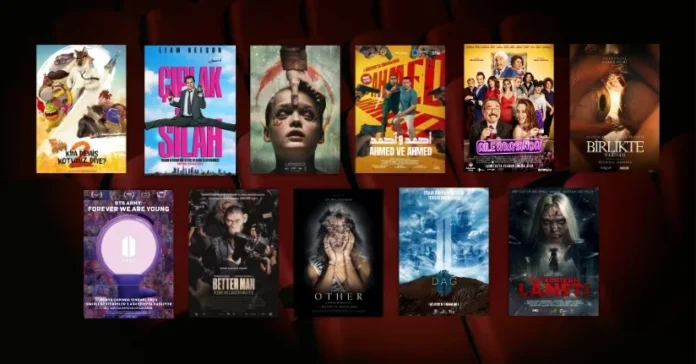 1 Ağustos 2025 haftasında vizyona giren filmlerin afişleri: Kim Demiş Kötüyüz Diye? 2, Çıplak Silah, Onu Geri Getir, Ahmed ve Ahmed, Aile Arasında, Birlikte, BTS Army: Forever We Are Young, Better Man: Robbie Williams'ın Hikayesi, Other, Dağ 2 ve Ölü Kontesin Laneti.