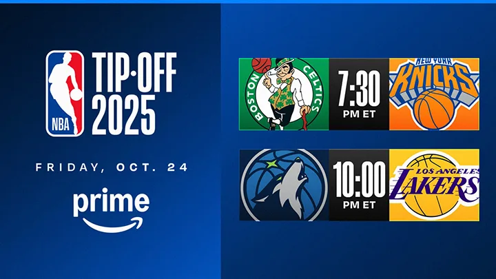 NBA 2025-26 sezonu açılış maçları, Prime Video’da yayımlanacak Boston Celtics - New York Knicks ve Minnesota Timberwolves - Los Angeles Lakers karşılaşmalarını gösteren görsel