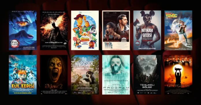 12 Eylül 2025 haftasında vizyona giren filmlerin afişleri: Demon Slayer: Sonsuzluk Kalesi (Demon Slayer: Infinity Castle), Kara Şövalye Yükseliyor (The Dark Knight Rises), Oyuncak Hikayesi (Toy Story), Takip (Relay), İntikam Gecesi (I Hearth Willie), Geleceğe Dönüş (Back To The Future), Kül Kedisi (Askepote), Alkarısı 2, Ayı Kardeşler: Macera Ormanı (Milagros: Una osa extraordinaria), Program, Tehlikeli Bölge ve Güneşi Gördüm
