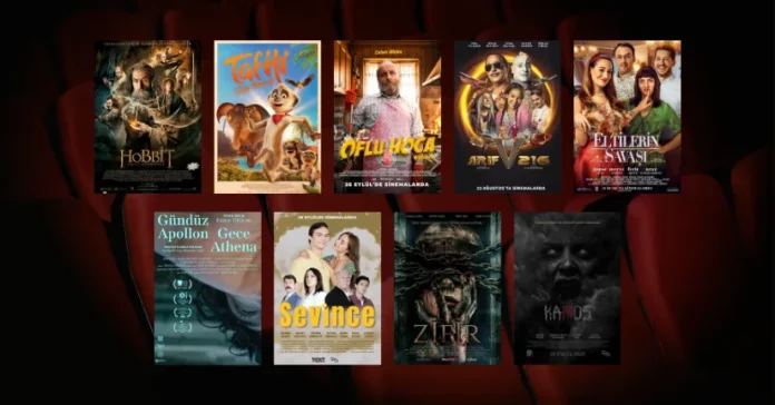 26 Eylül 2025 haftasında vizyona giren filmlerin afişleri: Hobbit: Smaug'un Çorak Toprakları (The Hobbit: The Desolation of Smaug) Tafiti: Çölde Macera (Tafiti: Across the Desert), Oflu Hoca 5, Arif v 216, Eltilerin Savaşı, Gündüz Apollon Gece Athena, Sevince, Zifir ve Kamos