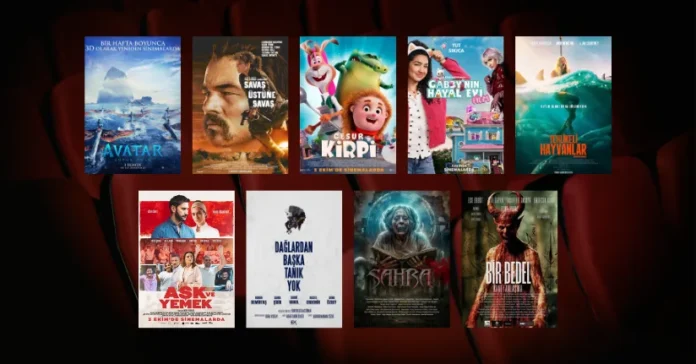 Bu Hafta Vizyona Giren 9 Film (3 Ekim 2025) 3 Ekim 2025 haftasında vizyona giren filmlerin afişleri: Avatar: Suyun Yolu (Avatar: The Way of Water), Savaş Üstüne Savaş (One Battle After Another), Cesur Kirpi (Spiked), Gabby'nin Hayal Evi: Film (Gabby's Dollhouse: The Movie), Tehlikeli Hayvanlar (Dangerous Animals), Aşk ve Yemek,Dağlardan Başka Tanık Yok, Sahra ve Bir Bedel: Kanlı Anlaşma