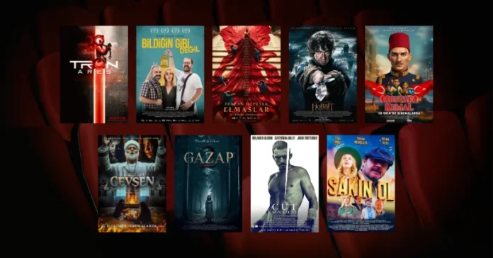 10 Ekim 2025 haftasında vizyona giren filmlerin afişleri: Tron: Ares, Bildiğin Gibi Değil, Elmaslar (Diamanti), Hobbit: Beş Ordunun Savaşı (The Hobbit: The Battle of the Five Armies), Mustafa Kemal, Cevşen, Gazap 2, The Cut: Son Raunt (The Cut) ve Sakin Ol