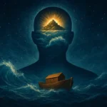 Tufan: Batan Kıta mı, yoksa Bilinç mi? Mavi tonlarda dijital tablo; insan silueti içinde yükselen bir ada ve dalgalar arasında Nuh’un Gemisi. İnsan bilincinin tufanla arınmasını ve ruhun yükselişini simgeliyor.