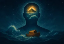 Tufan: Batan Kıta mı, yoksa Bilinç mi? Mavi tonlarda dijital tablo; insan silueti içinde yükselen bir ada ve dalgalar arasında Nuh’un Gemisi. İnsan bilincinin tufanla arınmasını ve ruhun yükselişini simgeliyor.