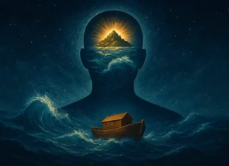 Tufan: Batan Kıta mı, yoksa Bilinç mi? Mavi tonlarda dijital tablo; insan silueti içinde yükselen bir ada ve dalgalar arasında Nuh’un Gemisi. İnsan bilincinin tufanla arınmasını ve ruhun yükselişini simgeliyor.