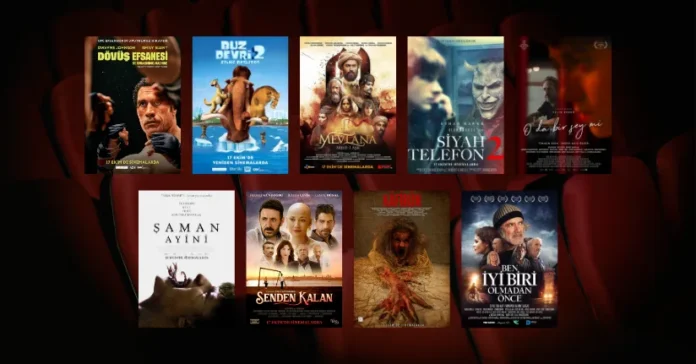 17 Ekim 2025 haftasında vizyona giren filmlerin afişleri: Dövüş Efsanesi (The Smashing Machine), Buz Devri 2: Erime Başlıyor (Ice Age: The Meltdown), Mevlana: Mest-i Aşk, Siyah Telefon 2 (The Black Phone 2), O da Bir Şey mi, Şaman Ayini (Shaman), Senden Kalan, Kâfirûn ve Ben İyi Biri Olmadan Önce