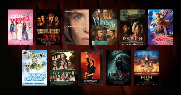24 Ekim 2025 haftasında vizyona giren filmlerin afişleri: Gelin Takımı 2, Karayip Korsanları: Siyah İnci'nin Laneti (Pirates of the Caribbean: The Curse of The Black Pearl), Yapay Zeka (Dalloway), Pişmanım Ama (Regretting You), Derun, Evcil Hayvanlar Yolda (Pets on A Train), Kutup Köpekleri 3 (Il portale magico), Öğretmen 2, Springsteen: Hiçlikten Kurtar Beni, Zifr-i Cin Azap ve Fetih 1453