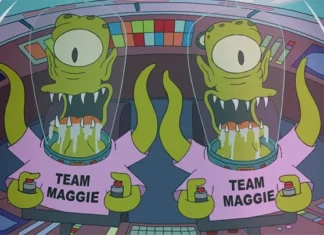 Simpsons’ın uzaylı ikilisi 30 yaşında: Kang ve Kodos The Simpsons'ın ikonik uzaylı karakterleri Kang ve Kodos, uzay gemilerinin içinde 'Team Maggie' yazılı pembe tişörtler giymiş halde. Tek gözlü, yeşil renkli uzaylılar sivri dişlerini göstererek kameraya bakıyor.