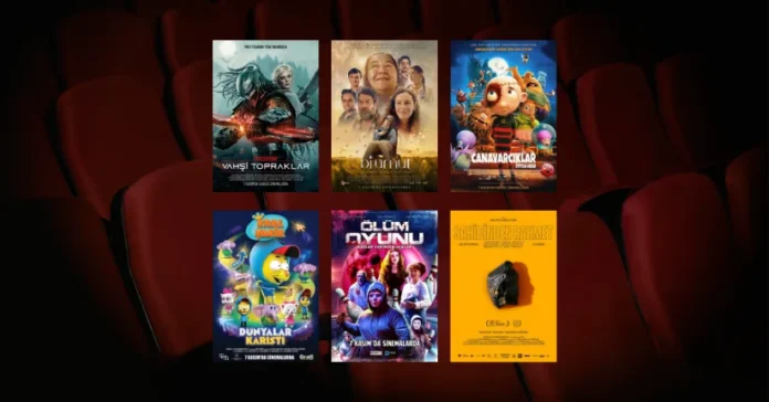 7 Kasım 2025 haftasında vizyona giren filmlerin afişleri: Predator: Vahşi Topraklar (Predator: Badlands), Bi Umut, Canavarcıklar (Stitch Head), Kral Şakir: Dünyalar Karıştı, Ölüm Oyunu (Last Night at Terrace Lanes) ve Sahibinden Rahmet