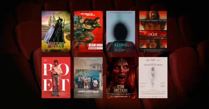 Bu Hafta Vizyona Giren 8 Film (21 Kasım 2025) 21 Kasım 2025 haftasında vizyona giren filmlerin afişleri: Wicked: İyilik Uğruna (Wicked: For Good), Ölüme Koşan Adam (The Running Man), Keeper, Oğul (The Carpenter's Son), Bir Şair (A Poet, Un poeta), Senden Geriye Kalan (All That's Left of You), Cin Mezarı ve Yeni Şafak Solarken