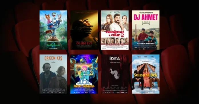 28 Kasım 2025 haftasında vizyona giren filmlerin afişleri: Zootropolis 2 (Zootopia 2), Ölüm Evi (Rosario), Nasipse Olur 2, DJ Ahmet, Erken Kış, İbi: Uzay Görevi, İdea ve Sonsuza Dek (Eternity)