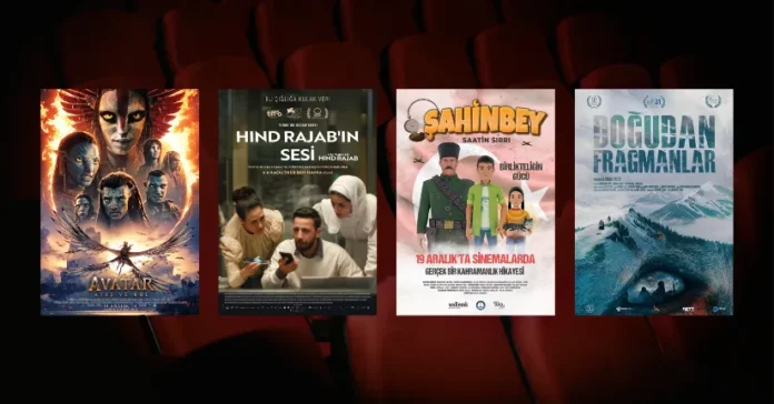 Bu Hafta Vizyona Giren 4 Film (19 Aralık 2025) 19 Aralık 2025 haftasında vizyona giren filmlerin afişleri: Avatar: Ateş ve Kül (Avatar: Fire and Ash), Hind Rajab'ın Sesi (The Voice of Hind Rajab), Şahinbey: Saatin Sırrı ve Doğudan Fragmanlar