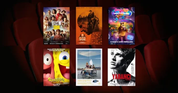 Bu Hafta Vizyona Giren 6 Film (16 Ocak 2026) 16 Ocak 2026 haftasında vizyona giren filmlerin afişleri: Efes'in Sırrı, 28 Yıl Sonra İkinci Bölüm: Kemik Tapınağı (28 Years Later: The Bone Temple), Maşa İle Koca Ayı: Mucize Parkı (Masha and the Bear: Wonder Park), SüngerBob: Korsan Macerası (The SpongeBob Movie: Search for SquarePants), Aşktan Geriye Kalan (The Love That Remains) ve Yabancı (The Stranger)