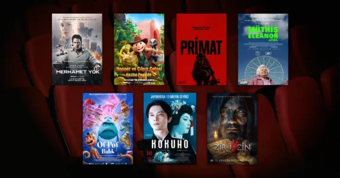 23 Ocak 2026 haftasında vizyona giren filmlerin afişleri: Merhamet Yok (Mercy), Hopper ve Çılgın Çetesi Hazine Peşinde (Chickenhare and the Secret of the Groundhog), Primat (Primate), Müthiş Eleanor (Eleanor the Great), Of-Pof Balık (The Pout-Pout Fish), Kokuhô ve Zir-i Cin 4: Nesep Bağı