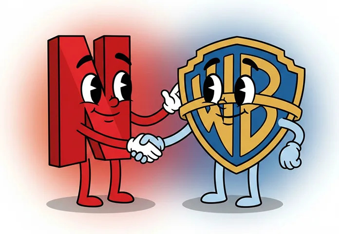 Netflix ile Warner Bros.’u temsili olarak anlaşırken gösteren çizgi karakterler