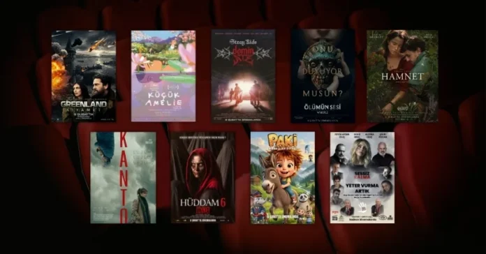 6 Şubat 2026 haftasında vizyona giren filmlerin afişleri: Greenland: Kıyamet (Greenland 2: Migration), Küçük Amélie (Little Amélie or the Character of Rain), Stray Kids: The dominATE Deneyimi (Stray Kids: The dominATE Experience), Ölümün Sesi (Whistle), Hamnet, Kanto, Hüddam 6: Cinnet, Paki ve Yeter Vurma Artık