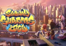 Subway Surfers City tanıtım görseli, şehir manzarasına karşı çatı üzerinde oturan karakterler