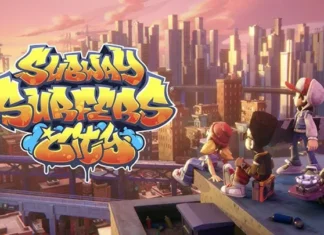 Subway Surfers City tanıtım görseli, şehir manzarasına karşı çatı üzerinde oturan karakterler