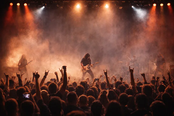 Yapay zeka ile oluşturulmuş bir konser ve kalabalık kitle