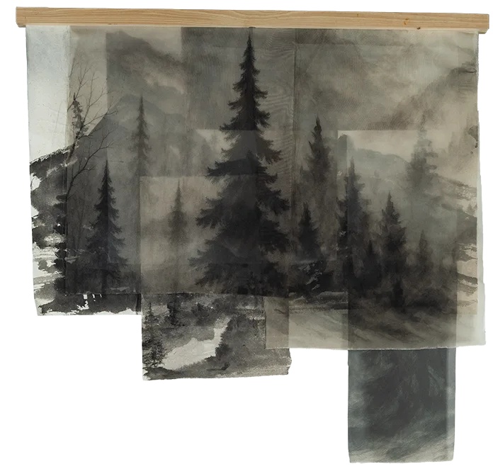 Zaman IX, 2026, 97x100 cm, Japon kağıdı üzerine mürekkep, organze kumaş üzerine dijital baskı.