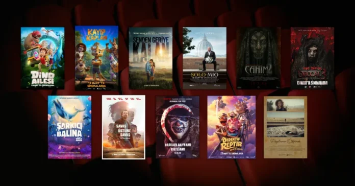 13 Mart 2026 haftasında vizyona giren filmlerin afişleri: Dino Ailesi (The Dino Family), Kayıp Kaplan (The Lost Tiger), Senden Geriye Kalan (Reminders of Him), Solo Mio, Cahim 2, Deccal 3, Şarkıcı Balina (The Last Whale Singer), Savaş Üstüne Savaş (One Battle After Another), Cadılar Bayramı Katliamı (Die'ced: Reloaded), Dedektif Reptır ve Rayların Ötesinde