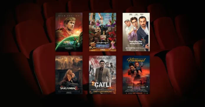 20 Mart 2026 haftasında vizyona giren filmlerin afişleri: Kurtuluş Projesi (Project Hail Mary), Şampiyon Keçi: Tüm Zamanların En İyisi (GOAT), Kardeşler Araştırma, Saklambaç 2 (Ready or Not 2: Here I Come), Çatlı ve Güvercin Terbiyecisi