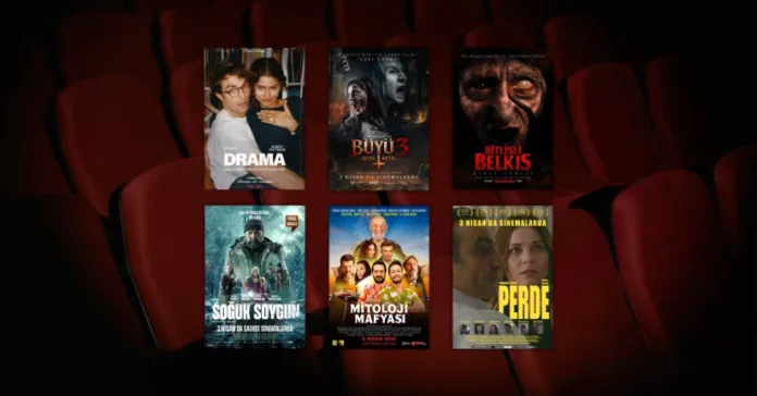3 Nisan 2026 haftasında vizyona giren filmlerin afişleri: Drama (The Drama), Büyü 3: Son Ayin, Kıble: Bitlisli Belkıs, Soğuk Soygun (Mikaela), Mitoloji Mafyası ve Perde