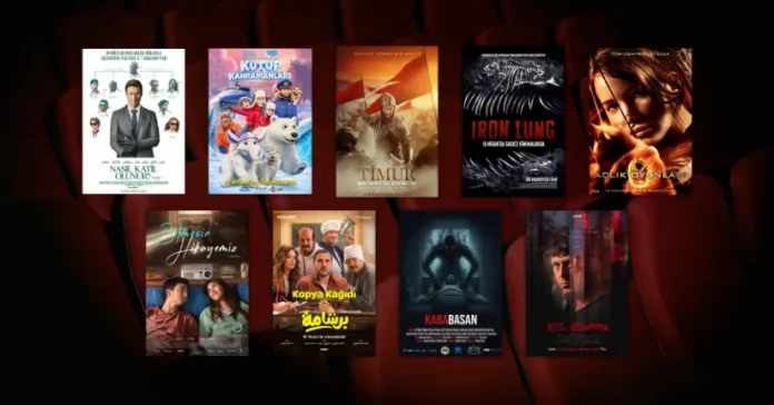 10 Nisan 2026 haftasında vizyona giren filmlerin afişleri: Nasıl Katil Olunur (How to Make a Killing), Kutup Kahramanları (Arctic Heroes), Timur: Bir Fatih'in Yükselişi (Tamerlane: Rise of the Last Conqueror), Iron Lung, Açlık Oyunları (The Hunger Games), Bitmesin Hikayemiz (Tak Ingin Usai di Sini), Kopya Kağıdı (Bershama), Karabasan ve KUL dilemma