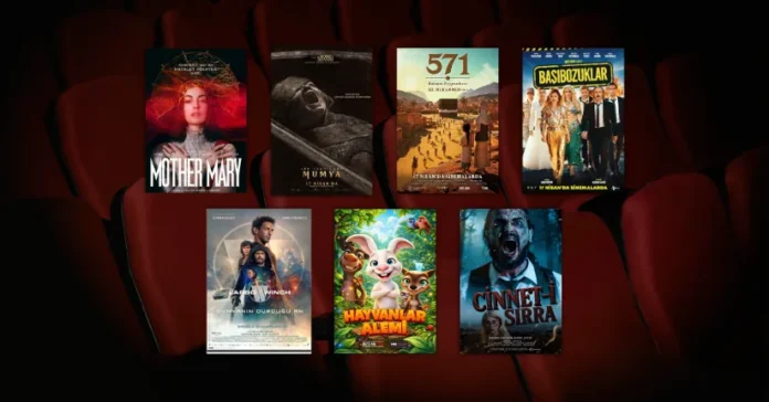 17 Nisan 2026 haftasında vizyona giren filmlerin afişleri: Mother Mary, Lee Cronin'den Mumya (Lee Cronin's The Mummy), 571 Rahmet Peygamberi Hz. Muhammed (sas), Başıbozuklar, Largo Winch: Dünyanın Durduğu An (The Price of Money: A Largo Winch Adventure), Hayvanlar Alemi (Animal Adventures: Save the Forest) ve Cinnet-i Sırra