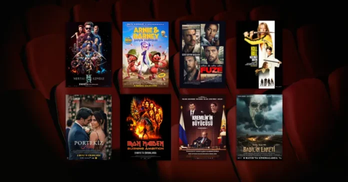 Bu Hafta Vizyona Giren Filmler (8 Mayıs 2026) 8 Mayıs 2026 haftasında vizyona giren filmlerin afişleri: Mortal Kombat II, Arnie & Barney Şapşik Kardeşler (Arnie & Barney), Fünye (Fuze), Kill Bill: Mevzunun Tamamı (Kill Bill: The Whole Bloody Affair), Portekiz Aşkı, Iron Maiden: Burning Ambition, Kremlin'in Büyücüsü (The Wizard of the Kremlin) ve Babil'in Laneti