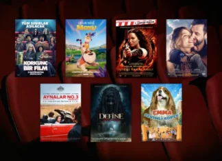 5 Haziran 2026 haftasında vizyona giren filmlerin afişleri: Korkunç Bir Film (Scary Movie), Cesur Kedi Moxy (Miss Moxy), Açlık Oyunları 2: Ateşi Yakalamak (The Hunger Games: Catching Fire), İkimizin Yerine, Aynalar No. 3 (Miroirs No. 3), Define: Cinler Uyandı ve Emma Sevimli Köpek