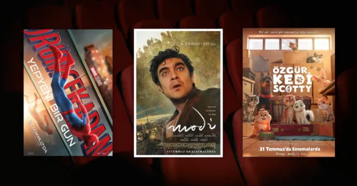 Bu Hafta Vizyona Giren Filmler (31 Temmuz 2026) 31 Temmuz 2026 haftasında vizyona giren filmlerin afişleri: Örümcek-Adam: Yepyeni Bir Gün (Spider-Man: Brand New Day), Modi: Deliliğin Kanadında Üç Gün (Modi: Three Days on the Wing of Madness) ve Özgür Kedi Scotty (Scotty)