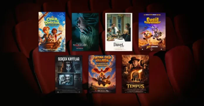 Alt metin: 21 Ağustos 2026 haftasında vizyona giren filmlerin afişleri: Cesur Denizciler: Okyanus Macerası (Lydia and the Mist Ride), Ruhlar Bölgesi: Aramızdalar (Insidious: Out of The Further), Davet (The Invite), Evcil Kahramanlar (Gracie and Pedro: Pets to the Rescue), Gerçek Kayıtlar: Vaka 7, Fırtına Ekip Yollarda ve Tempus