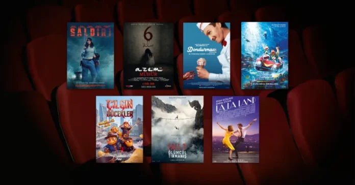 4 Eylül 2026 haftasında vizyona giren filmlerin afişleri: Fall 2: Ölümcül Tırmanış (Fall 2: Deadpoint), Dondurmacı (Ice Cream Man), Aşıklar Şehri (La La Land), Azem 6: Mühür, Doraemon: Yeni Nobita Ve Şeytanların Denizaltı Kalesi (Doraemon: Nobita and the New Castle of the Undersea Devil), Saldırı (Onslaught) ve Çılgın Böcekler