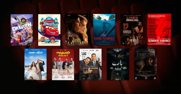 Bu Hafta Vizyona Giren Filmler (11 Eylül 2026) 11 Eylül 2026 haftasında vizyona giren filmlerin afişleri: Konuşan Hayvanlar (Evolution), Arabalar (Cars), Aşkın Büyüsü 2 (Practical Magic 2), Kanlı Körfez (The Bay), 12 Savaşçı, İçimdeki Yabancı (L'inconnue, The Unknown), Ayağını Denk Al (Khaly Balak Min Nafsak), Konu Ne? (El Kalam Ala Eh), Şahin ve Kanarya (Saqr w Kanaria), Baab: Cinler Alemi (Baab) ve İbret 2: Lanetli Kız